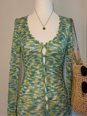 Jennifer Lopez Teal, Lime & Cream Open-Weave V-Neck Coverup Dress S
